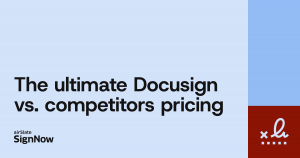A blue blog thumbnail image with text: the ultimate Docusign vs. Competitors pricing