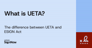 A blue blog thumbnail image with text: What is UETA?
